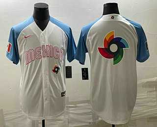 Men%27s Mexico Baseball Big Logo 2023 White Blue World Classic Stitched Jersey->2023 world baseball classic->MLB Jersey